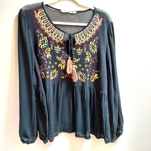 Embroidered boho sheer shoulder rayon blouse
